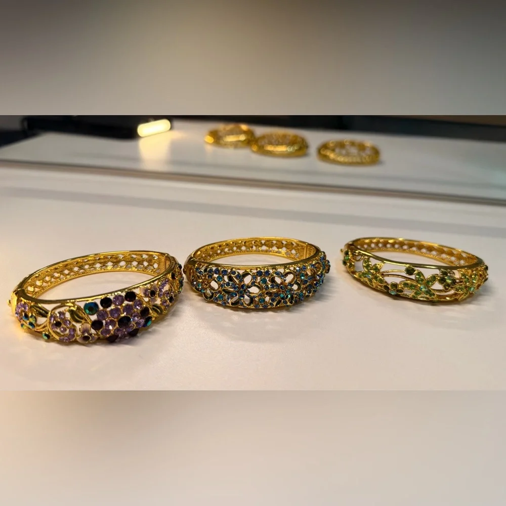 Gold Rhinestone Floral Stackable Multicolor Statement Bangle Bracelet Set
